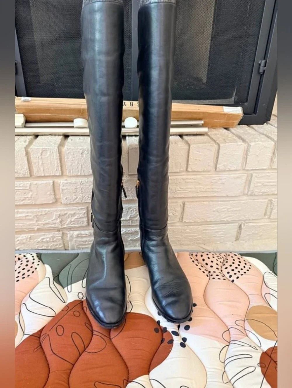 Tory Burch Black Leather & Suede Over-the-Knee Boots with Gold Buckle